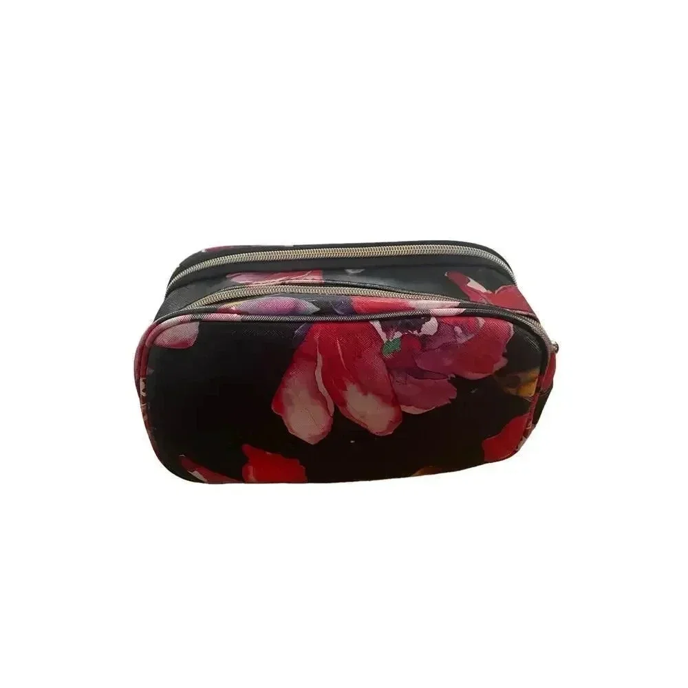 Trina Turk Black Floral Print Zipper Toiletry Pouch Cosmetic Bag